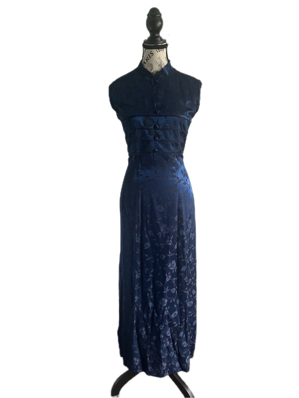 🇨🇦 Vintage 90s Blue Jacquard Floral Mandarin Collar Maxi Dress Cheongsam Satin